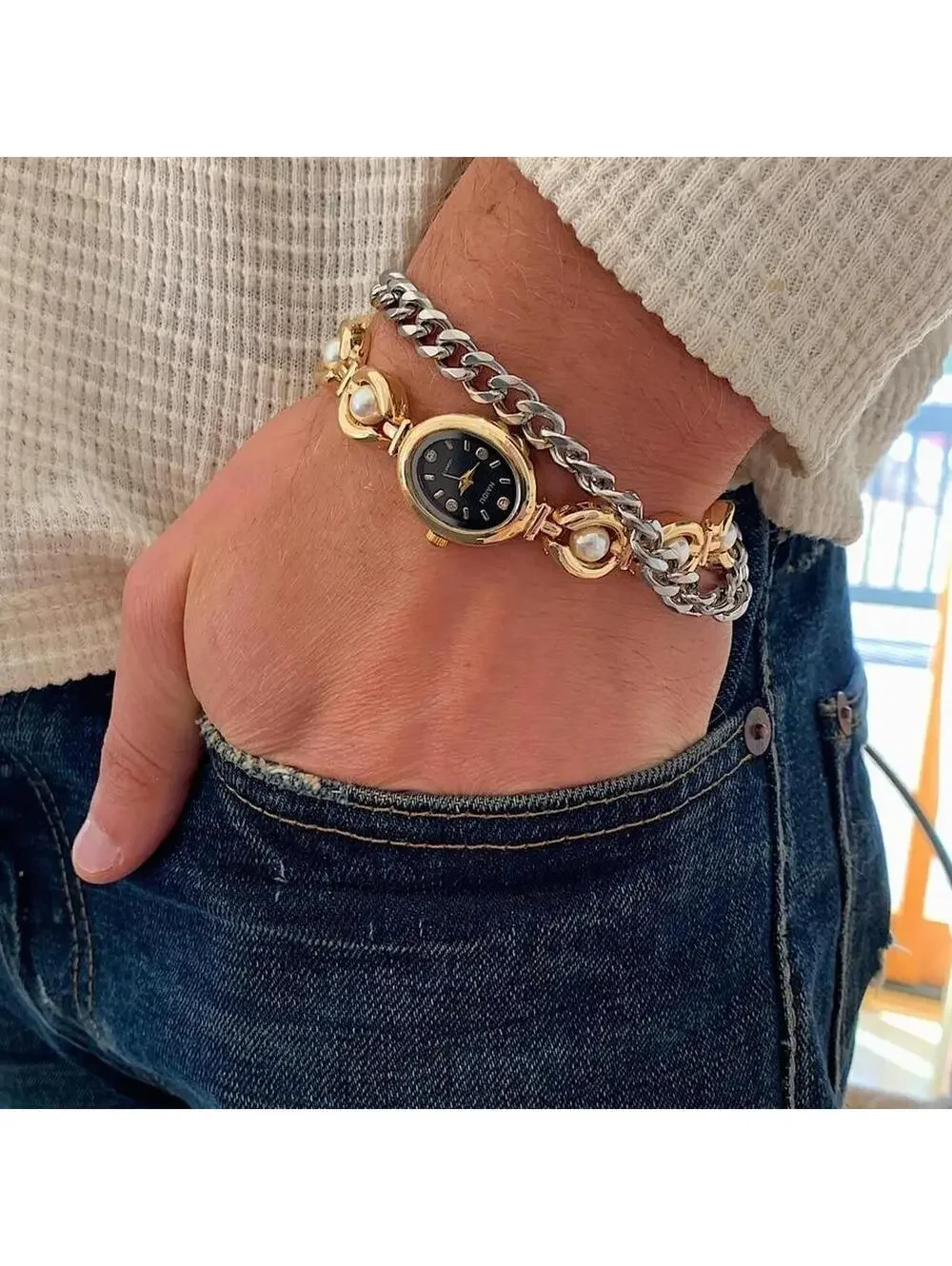 Luxury Y2K style Gold round stainless steel quartz pearl stone charm watch